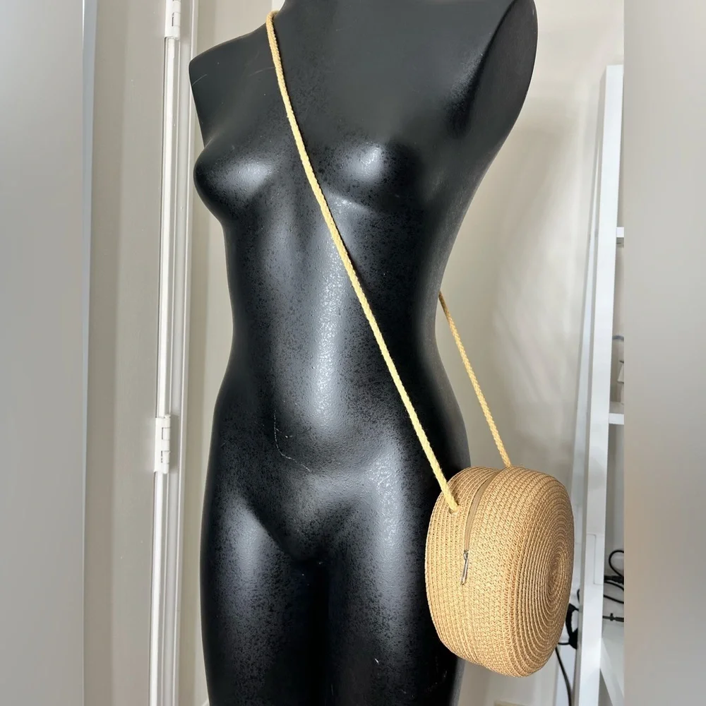 Tan Round Straw Crossbody Bag - Picture 3 of 5